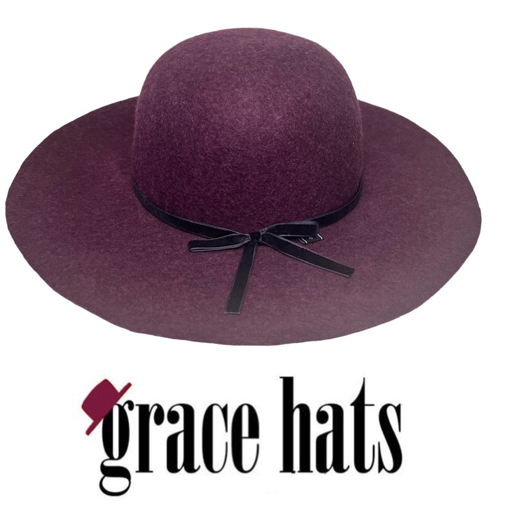 Grace Hats Plum Purple 100% Wool Floppy Wide Brim Hat with Black Ribbon …